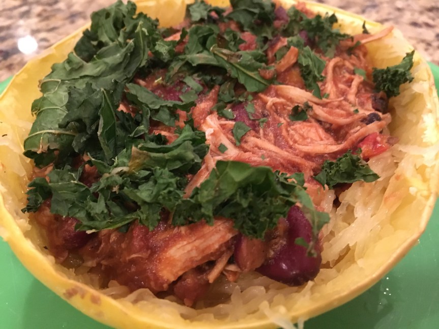 Pulled Chicken Chili over Spaghetti Squash